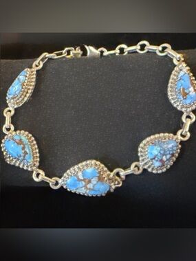 Blue Turquoise and Sterling Silver Teardrop Link Bracelet - Women Jewelry